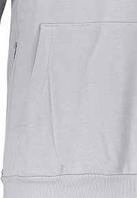 Felpa grigia chiara con tasca a marsupio e orlo a coste. Il tessuto è morbido, con una superficie liscia e dettagli di cucitura sottili.