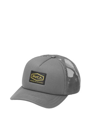 Szara czapka z daszkiem typu baseball z siateczkowym tyłem, zakrzywionym daszkiem i czarną łatką z żółtym logo "RVCA" oraz napisem "Balance of Opposites".