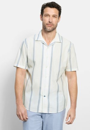 Mann mit kurzem dunklem Haar und Bart, der ein kurzärmeliges weißes Hemd mit vertikalen blauen Streifen und hellblaue Hose trägt.