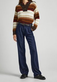 Pletený svetr s horizontálními pruhy v hnědé, krémové a červené barvě, s límečkem na knoflíky. Široké tmavě modré džíny s vzorovaným opaskem.