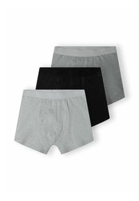 Tre par boxershorts i grått och svart. Midjebandet visar "RESPECT" med en texturerad finish, tillverkat av mjukt bomullstyg.