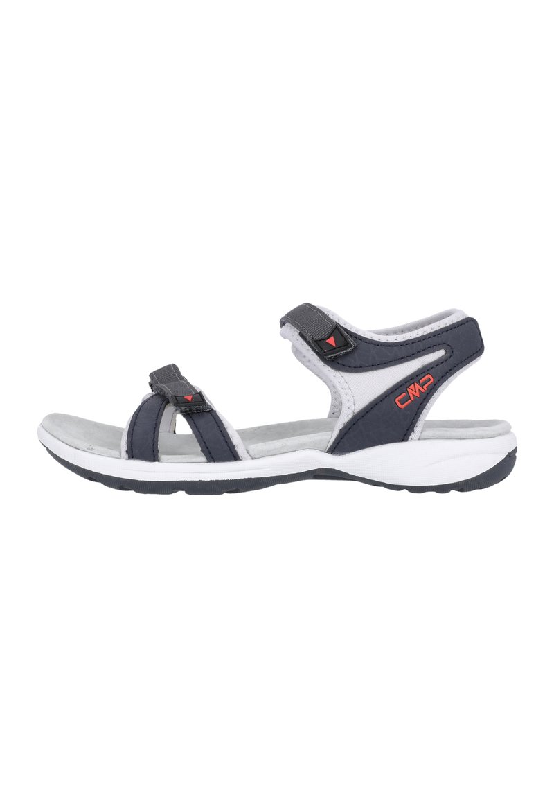 Sport sandals with a navy and gray design, featuring cross straps, adjustable closures, a cushioned insole, and a white sole.