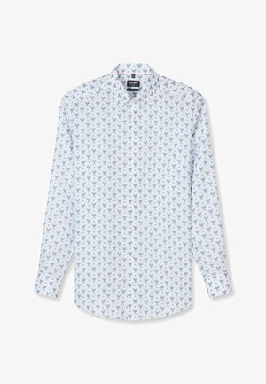 Weißes langärmliges Hemd mit Knopfleiste, Muster aus blauen Tennisschlägern und Bällen, Kentkragen und "Olymp" Markenetikett im Krageninneren.