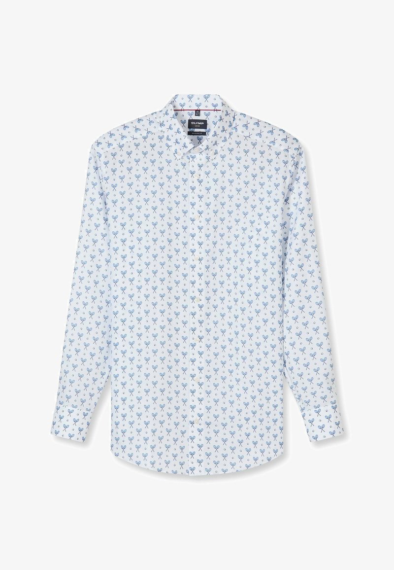 Chemise blanche à manches longues avec boutons, motif de raquette de tennis bleue et balle, col large, et étiquette de marque "Olymp" à l'intérieur du col.