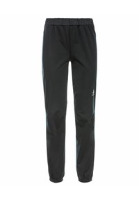 Schwarze Jogginghosen mit elastischem Bund, schmal zulaufenden Beinen und Reißverschlusstaschen an den Seiten. Hergestellt aus einem glatten, leichten Stoff.