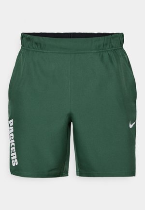 Pantalones cortos deportivos verdes hechos de tela suave. Cuentan con una cintura elástica, un logo impreso de "PACKERS" en blanco y el logo de Nike en gris.