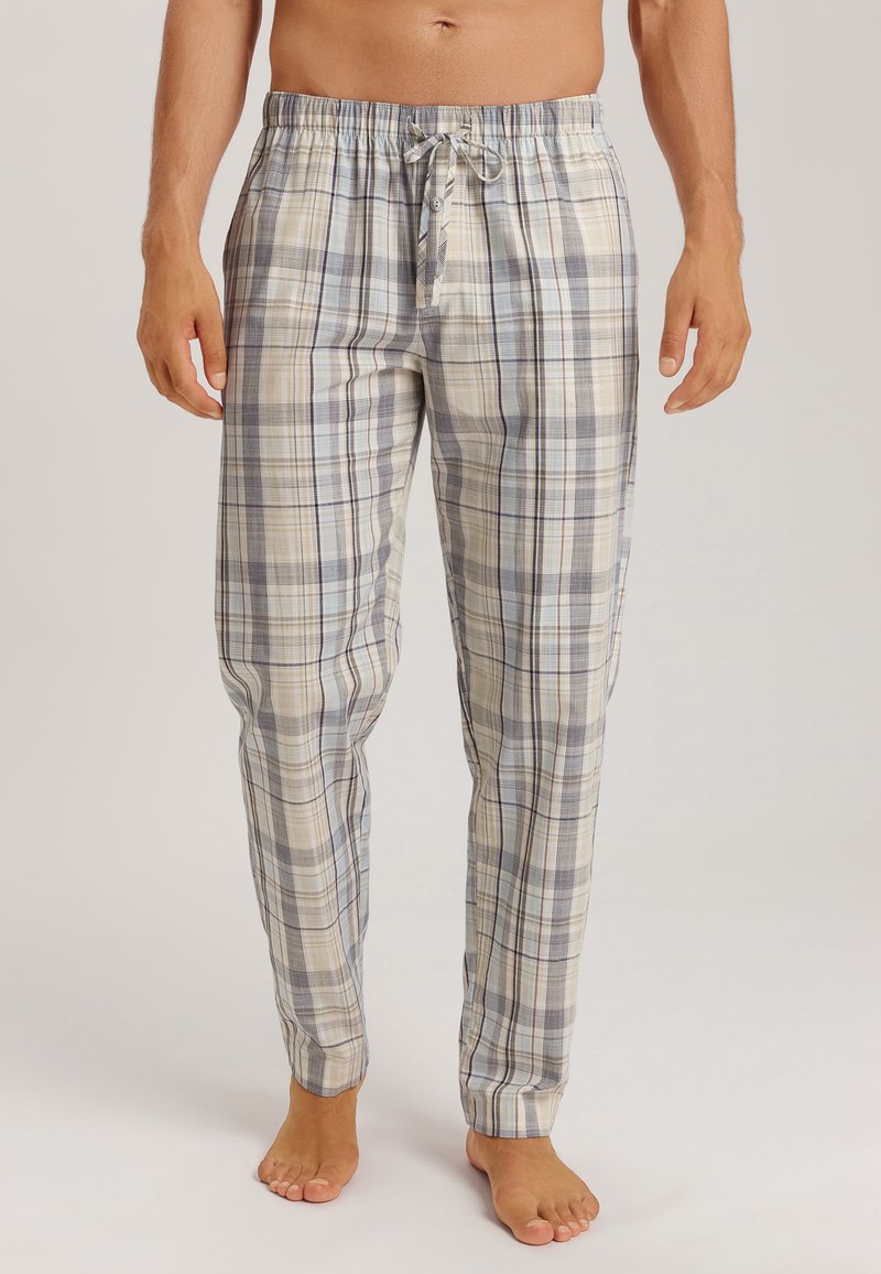 Lichte geblokte pyjamabroek met een elastische tailleband en een trekkoord, in tinten blauw, grijs en crème met een zachte textuur.