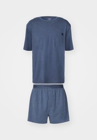 Blauwe katoenen T-shirt voor heren met korte mouwen en een zak, gecombineerd met bijpassende blauwe boxershorts met een elastische tailleband met logo.