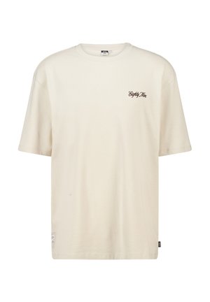 Lichtbeige katoenen t-shirt met korte mouwen. Heeft een klein zwart logo op de borst en een label aan de onderkant aan de linkerkant.