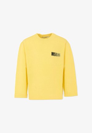 Maglione giallo con scollatura rotonda, maniche a tre quarti e logo "MSGM" in grigio scuro sul davanti. Tessuto a maglia morbido.