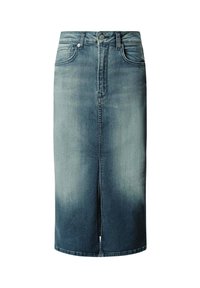 Denim midi-rok in gewassen blauw, met een centrale split aan de voorkant, vijf zakken en een klassieke tailleband met knoopsluiting.