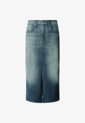 Falda midi de denim en azul lavado, con una apertura central en la parte delantera, cinco bolsillos y una cinturilla clásica con cierre de botón.