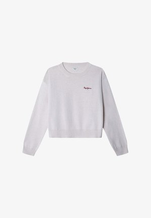 Svetlosivý cropped sveter s okrúhlym výstrihom, rebrovanými manžetami a spodným okrajom. Obsahuje vyšívané logo "Pepe Jeans" v tmavo červenej farbe. Mäkkučká textúra.