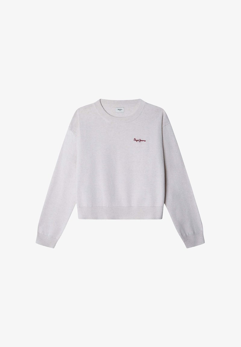 Hellgrauer, taillierter Sweatshirt mit rundem Ausschnitt, gerippten Bündchen und Saum. Mit gesticktem "Pepe Jeans" Logo in Dunkelrot. Weiche Textur.