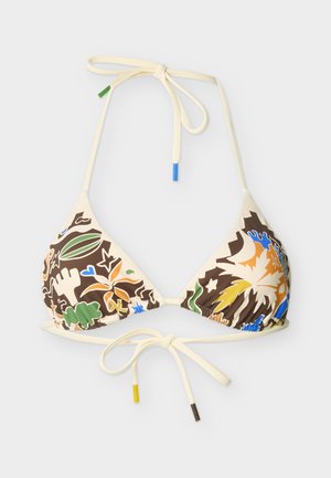 Haut de bikini triangulaire couleur crème avec motifs de feuilles tropicales et fleurs en vert, orange, bleu et marron, doté de liens à nouer au cou et dans le dos.