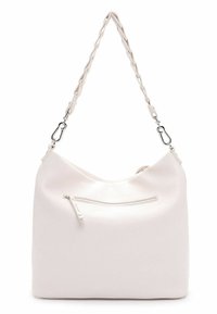 Borsa a spalla in finto cuoio bianco con tracolla intrecciata e hardware in ottone argentato, dotata di una tasca frontale con zip e una superficie morbida e liscia.