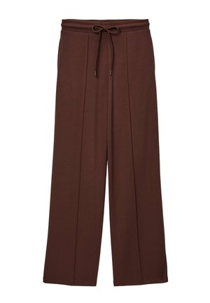 Pantalon marron à jambes larges avec taille à cordon de serrage et coutures frontales, en tissu doux.