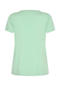 Mintgrøn kortærmet t-shirt lavet af blødt stof. Rundet halsudskæring med en afslappet pasform og lige kant. Ingen synlige mønstre eller detaljer.