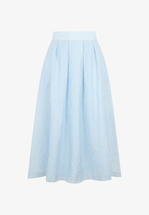 Hellblauer Midirock mit hoher Taille, feiner Blumentextur, dezenten Falten an der Taille und einer ausgestellten A-Linien-Silhouette.