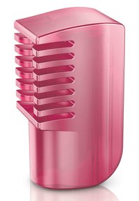 Conteneur en plastique rose avec un sommet arrondi et des rainures verticales sur le côté, présentant une fente ouverte et une finition lisse.