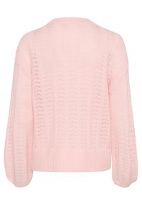Light pink knitted sweater with a loose fit, featuring a ribbed hem and puffed sleeves. The pattern consists of airy, open stitches.
