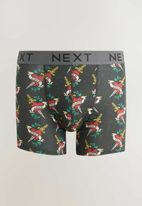 Boxeri bărbătești gri închis cu model de inimă roșie și pumnal în stil tatuaj „LOVE” și talie gri etichetată NEXT.