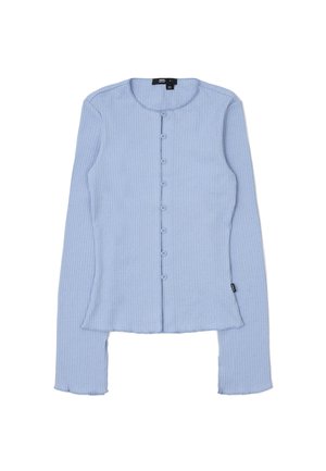 Light blue long-sleeve ribbed top with a round neckline and button closure, featuring a straight hem and slightly frayed edges.