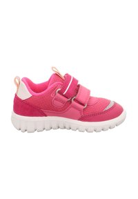 Pink athletic shoe with a textured mesh upper, two Velcro straps, padded collar, and a white rubber sole with a ribbed pattern.