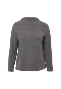 Grauer Pullover mit langen Ärmeln aus weichem Stoff, mit hohem Kragen und lockerer Passform sowie minimalen Nahtdetails.