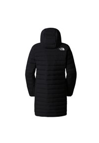 Czarna, ocieplana kurtka puchowa z kapturem, z pikowanym wzorem, długimi rękawami i logo The North Face na lewym ramieniu.