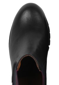 Stivale alla caviglia in pelle nera con finitura liscia, punta arrotondata e design senza lacci. L'interno presenta una fodera colorata. Suola in gomma piatta.