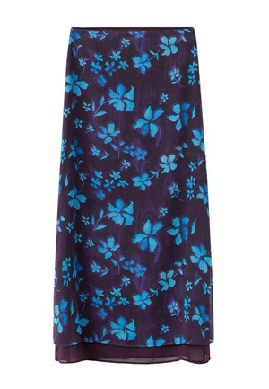 Falda midi morada con tela en capas y un patrón floral azul brillante distribuido uniformemente por todo el material.