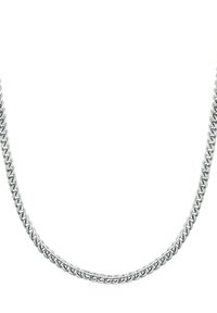 Collana in argento con anelli circolari intrecciati, caratterizzata da una finitura lucida e una texture liscia. Design classico, spessore medio.