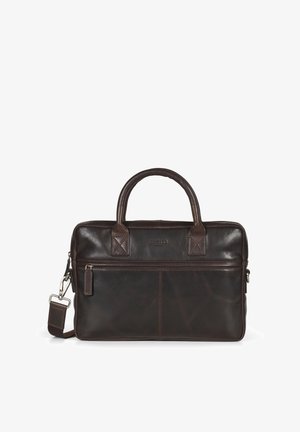 Lederaktentasche in Dunkelbraun, mit zwei oberen Griffen, abnehmbarem Schultergurt, Fronttasche und dezenten Nahtdetails.