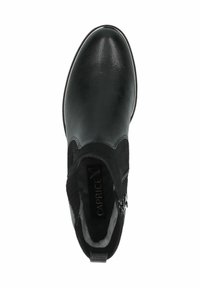 Bottines noires avec un bout en cuir lisse et un dessus en daim texturé, dotées d'une fermeture éclair sur le côté et d'un liseré contrastant le long de la semelle.