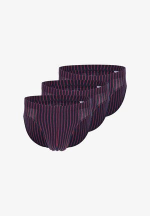 Culotte rayée bleu marine avec des rayures rouges, fabriquée en tissu doux. Dispose d'une ceinture confortable et d'un design simple et ajusté. Trois pièces incluses.
