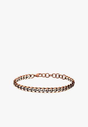 Armband aus roségoldenen Kettengliedern mit ineinandergreifenden Gliedern, glatter Oberfläche und einem Karabinerverschluss. Deutlicher Farbkontrast mit polierter Oberfläche.