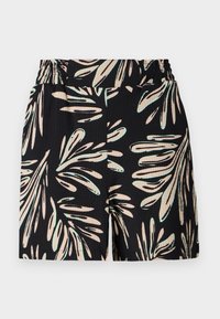 Un short noir avec un motif de feuillage en beige clair et vert menthe, fabriqué dans un tissu texturé et doté d'une taille élastique.