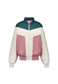 Bomber jacket a blocchi di colore con yoke verde, maniche bianche e chevron, e pannelli frontali rosa polveroso, chiusura con zip e polsini ed orlo elastici.