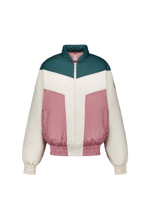 Kleurgebloemde bomberjack met groene schouderstukken, witte mouwen en chevron, en stoffige roze voorkantpanelen, ritssluiting, en elastische manchetten en zoom.