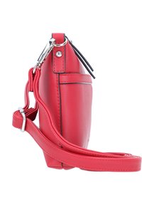 Rote Lederhandtasche mit strukturierter Form, verstellbarem Tragegurt, silberner Hardware und glatter Textur. Verfügbar mit Reißverschluss und Akzentnähten.