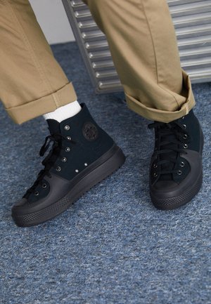 Person iført sorte høje sneakers med hvide sokker og op rullede khakibukser, der sidder på blåt tæppe nær et metallisk objekt.