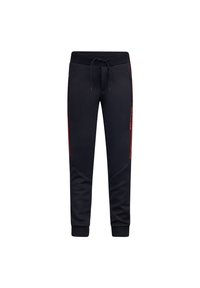 Schwarze Jogginghosen aus weichem Material mit verstellbarem Bund, Reißverschlusstaschen und roten seitlichen Akzenten. Enganliegende Bündchen an den Knöcheln.