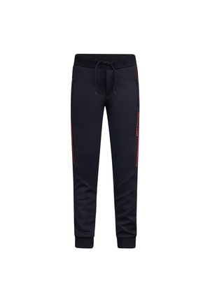 Zwarte joggingbroek van zachte stof met een tailleband met trekkoord, ritszakken en rode accenten aan de zijkanten. Aansluitende boorden bij de enkels.