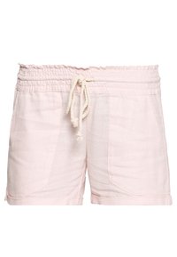 Shorts in lino rosa chiaro con elastico in vita, cordoncino decorativo e due tasche frontali con design a fondo arrotolato.