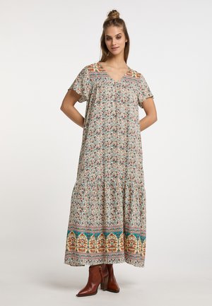 Rochie maxi dintr-o țesătură ușoară, cu un imprimeu floral în culori vibrante, decolteu în V, mâneci scurte și tiv în straturi. Accentuata cu o bordură detaliată.