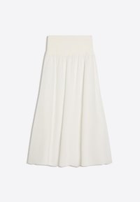 Jupe midi blanche avec large ceinture élastique et plis doux, affichée à plat sur un fond clair.