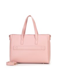 Bolso tote de piel sintética rosa con asas dobles, una correa desmontable y un diseño estructurado. Presenta acentos cosidos y una base plana.