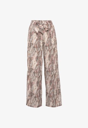 Pantalones ligeros de pierna ancha con un patrón floral. Presenta un cinturón de tela, principalmente en beige con acentos en rosa y marrón.