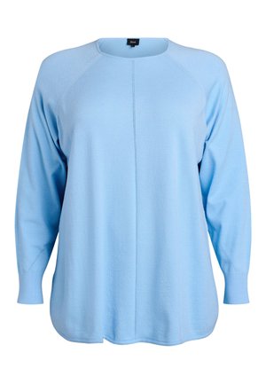 Maglione azzurro chiaro a maniche lunghe con scollo rotondo, maniche a raglan e orlo dritto. Realizzato in tessuto morbido e confortevole.